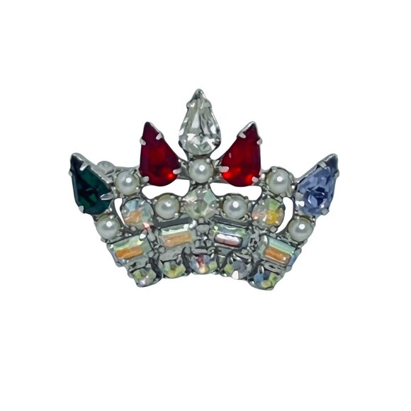 Vintage B David Silver Tone Rhinestone & Faux Pearl Crown Brooch (5915) - Picture 1 of 5